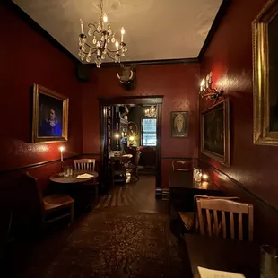 a dining room with a chandelier