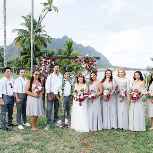 Bridal and bridesmaids bouquets, maile lei, boutonnieres, arch florals