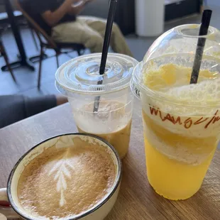 White mocha, iced vanilla latte, mango Italian soda