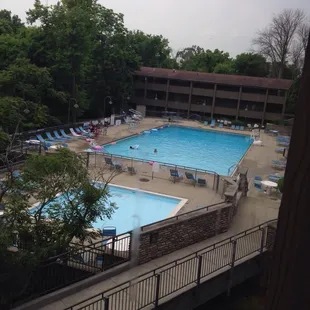 Looking out at the swimming pool from the lodge.
