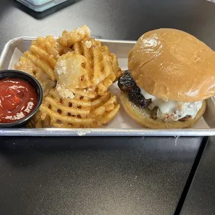 Philly burger and garlic parm fries