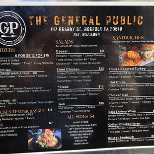 Menu: appetizers, salads, sandwiches, and sides