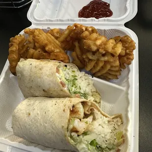 Shrimp wrap with cilantro lime rice.  The cilantro was not overwhelming.