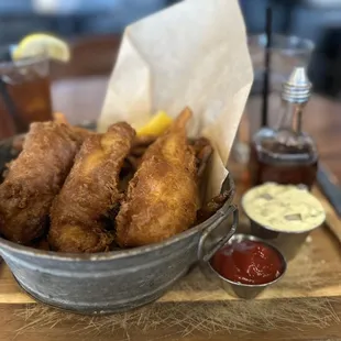 Fish and chips.  Fish and fries were over cooked.
