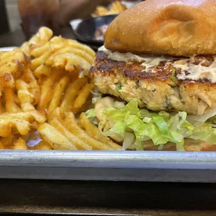 Salmon Burger and Waffle Fries