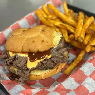 a hamburger and fries