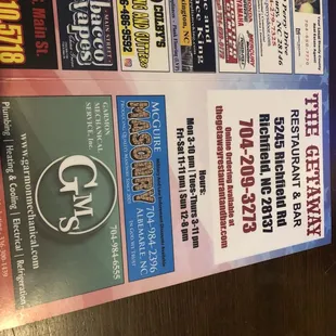 Front of menu