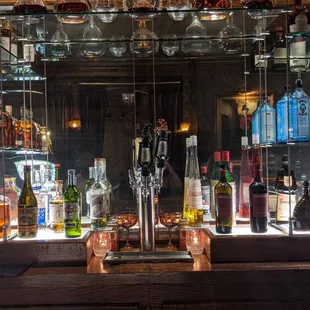 a variety of liquor bottles