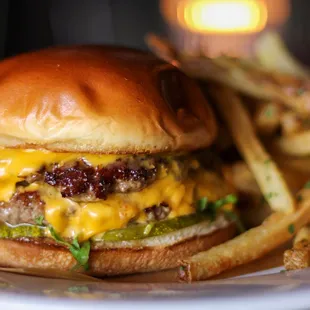 a cheeseburger and fries