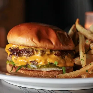 a cheeseburger and french fries