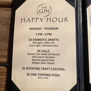 Happy hour menu