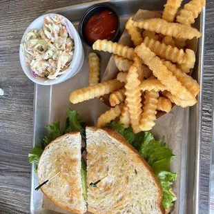Grilled chicken sandwich, French Fries, Cole Slaw