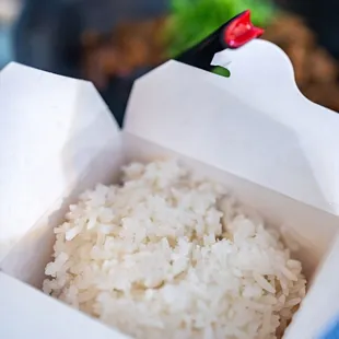 Rice packed in a Chinese to-go-style container