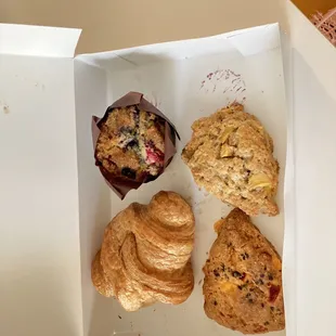 Croissant, blueberry muffin, scones.