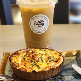 Veggies and goat cheese savory pie &amp; iced latte