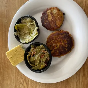 Salmon Pattie&apos;s with green beans, cabbage, and jalapeño cornbread.