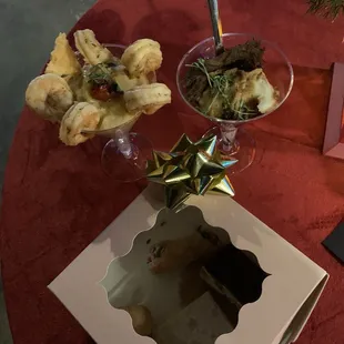 Shrimp &amp; grits, braised short ribs and mash potato and the dessert sampler box