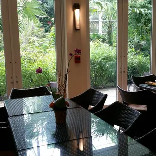 Table looking out onto the butterfly garden.