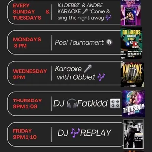 January's schedule! Karaoke Sunday, Tuesday &amp; Wednesday! 
Live music! No cover!