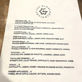 Cocktail menu