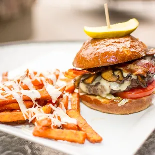 the Glowbal Burger with Sweet Potato Fries