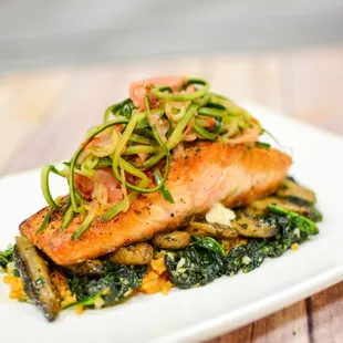 Seared Salmon Sauteed Mushrooms, Spinach, Arizona Style Rice, Cucumber Ginger Slaw