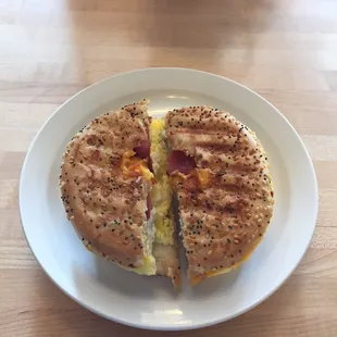 Breakfast sandwich on an everything bagel.