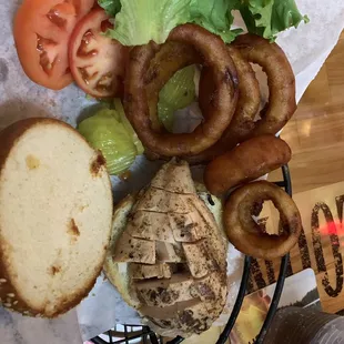 Grilled chicken sandwich and a side of onion rings