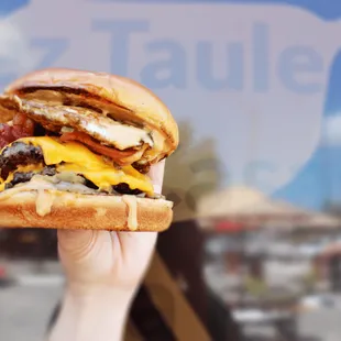 The Main Event has two meat, egg, cheese, bacon, caramelized onion and our special sauce.