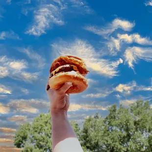 a hand holding a hamburger