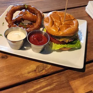 Cheese Burger with Beer Battered Onion Rings