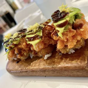 Crispy rice with spicy salmon