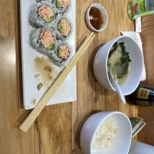 Crab salad rolls, miso soup, and rice with soy sauce