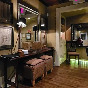 A quiet corner of the converted home with outdoor seating on the main floor and seating upstairs this restaurant exudes ambience and charm.