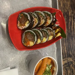 Kimbap Set deluxe version Bulgogi Kimchi Kimbap and small cup of tteokbokki