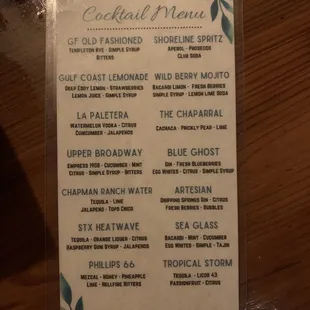 Cocktail menu as of June 2021