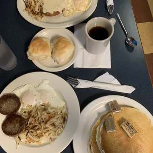 Chicken friend steak and pancakes