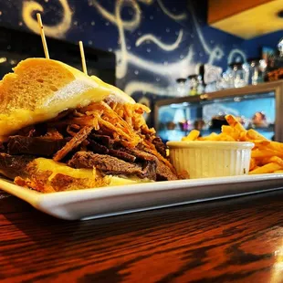 a pulled pork sandwich and fries