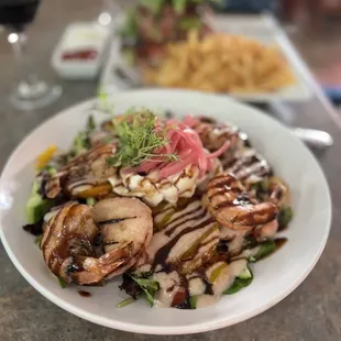 Golden Beet with Grilled Peach and Burrata Salad + shrimp.