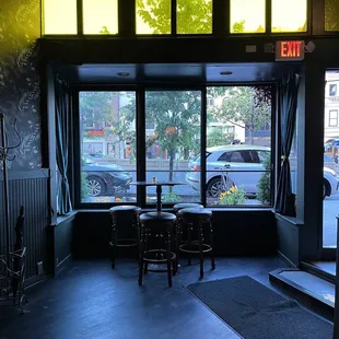a view of a restaurant through a window