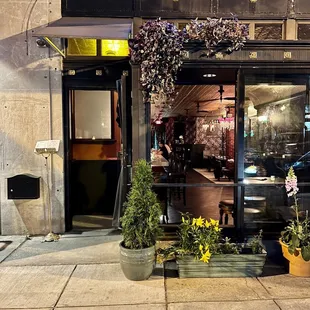 the entrance to a restaurant