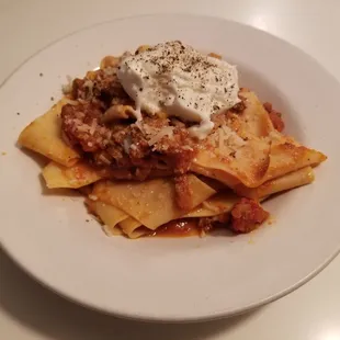 Pappardelle Bolognese with burrata cheese