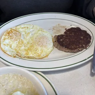 Hamburger and eggs. We asked for no toast.