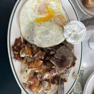 2 eggs, gyro meat and American fries.