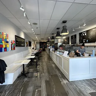 a restaurant with a long counter