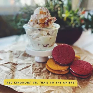 a bowl of ice cream and cookies