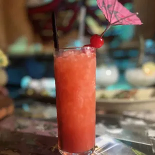 Piranha Punch (Fassionola with anejo rum, apricot, fresh lemon, pineapple, orange, &amp; strawberry puree. $14