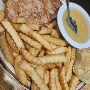 Pork chop,  fries,  applesauce