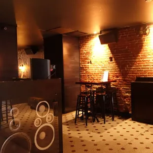 a dimly lit bar with stools