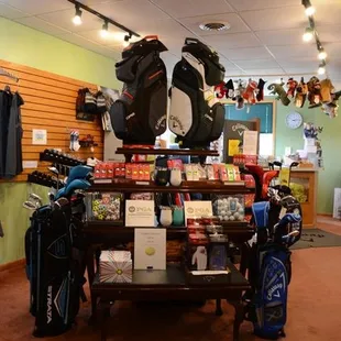 a display of golf clubs